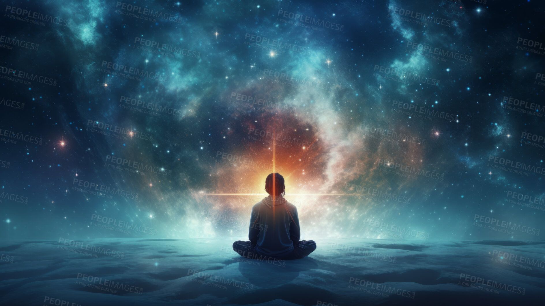 1889x1059 Silhouette, energy and meditation on cosmic background or wallpaper, for mindfulness and spirituality chakra. Enlightenment, peaceful and religion practise for mental health, zen and stress free. Buy on PeopleImages