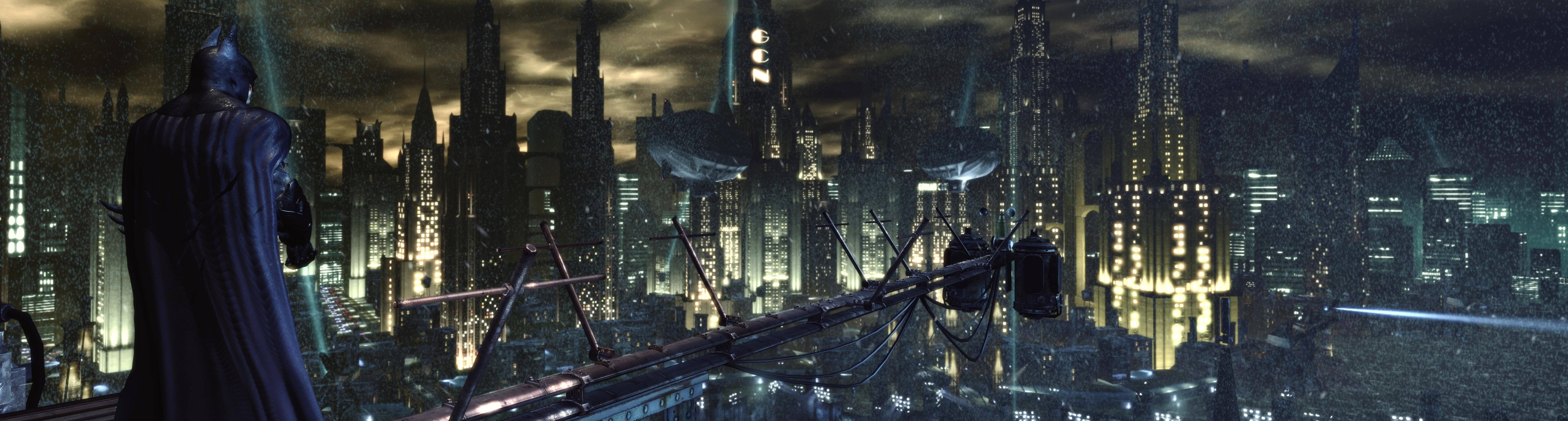 7680x2064 Download 4K Dual Monitor Batman Overlooking Gotham City Wallpaper
