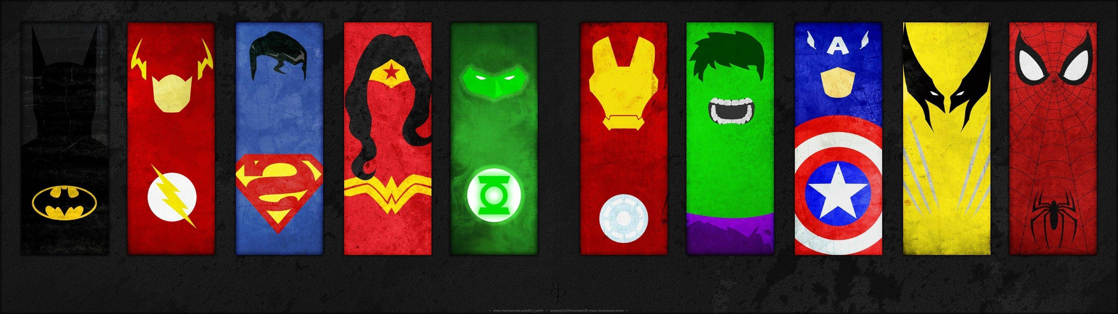 3840x1080 multiple Display, DC Comics, Spider Man, Wolverine, Hulk, Iron Man, Green Lantern, Wonder Woman, Superman, The Flash, Batman Wallpaper HD / Desktop and Mobile Background