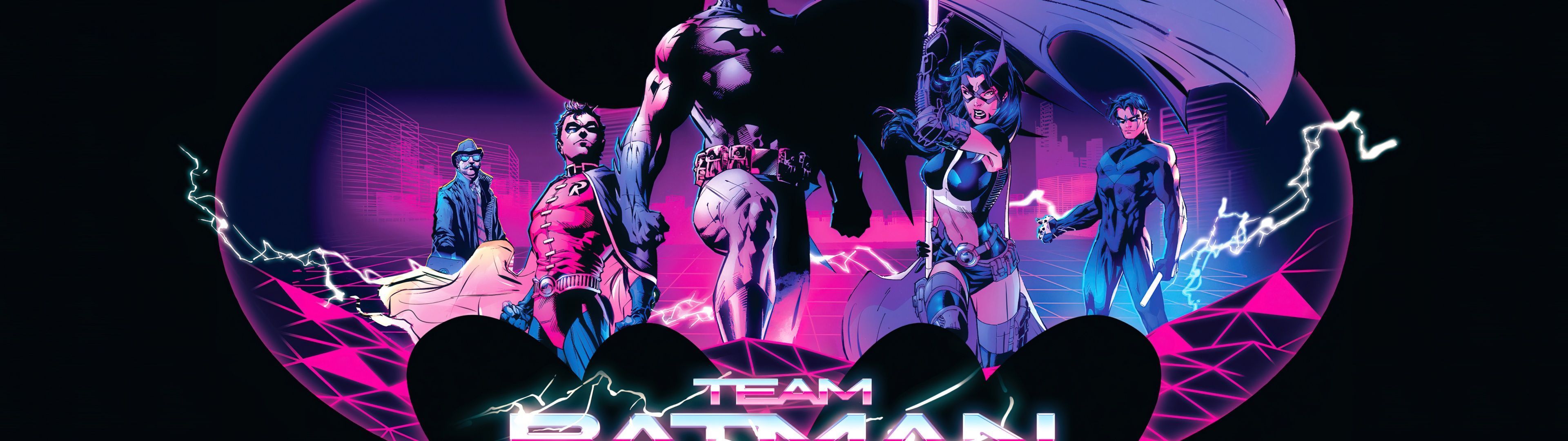 3840x1080 Team Batman Wallpaper 4K, DC Comics, Neon art