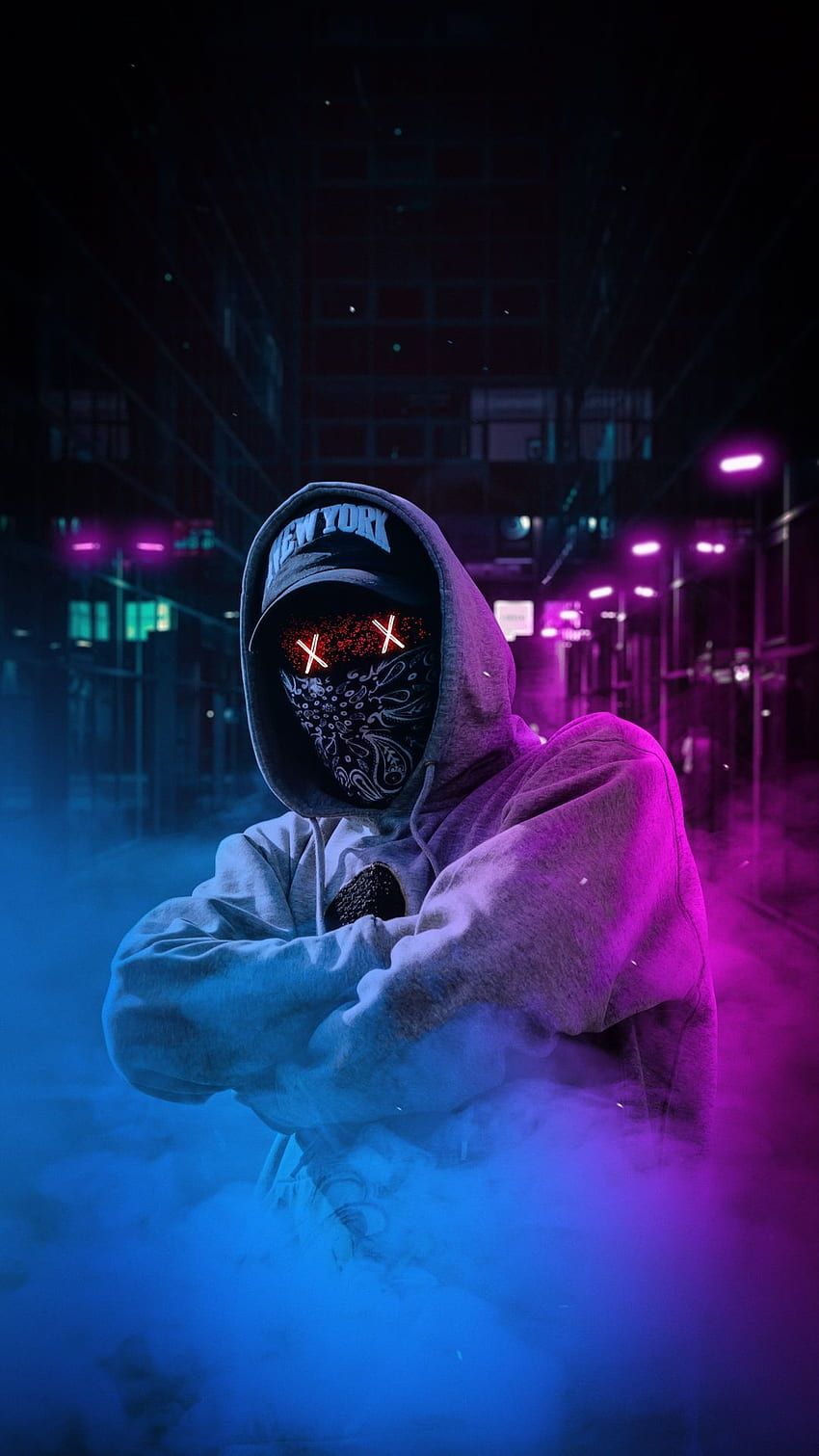850x1511 The mask guy, city, night, male HD phone wallpaper