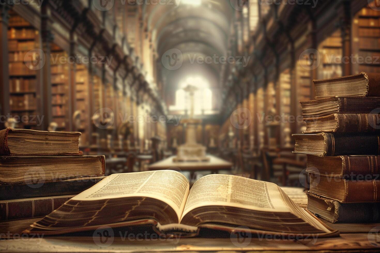 1470x980 Open book on a table with stacks of books on the sides. Blurred old library on a background