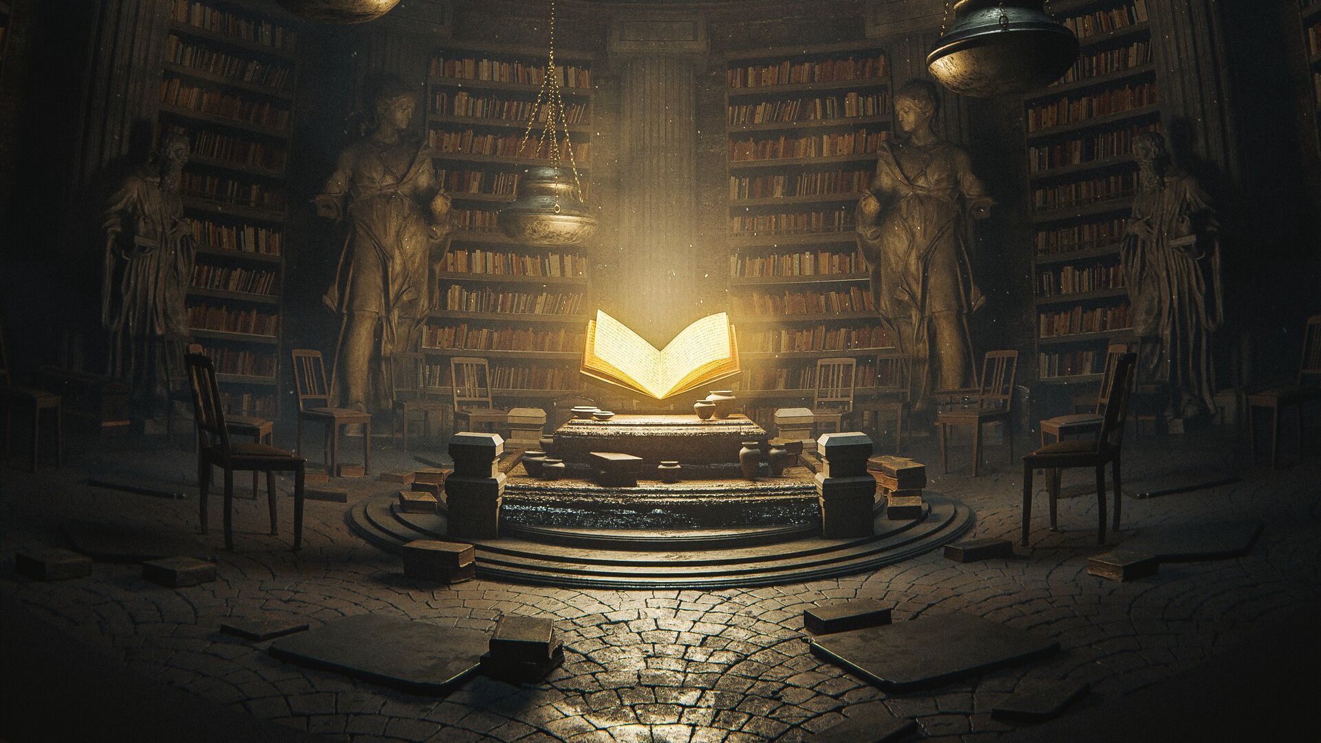 1920x1080 Download wallpaper 1920x1080 book, statues, library, art full hd, hdtv, fhd, 1080p HD background