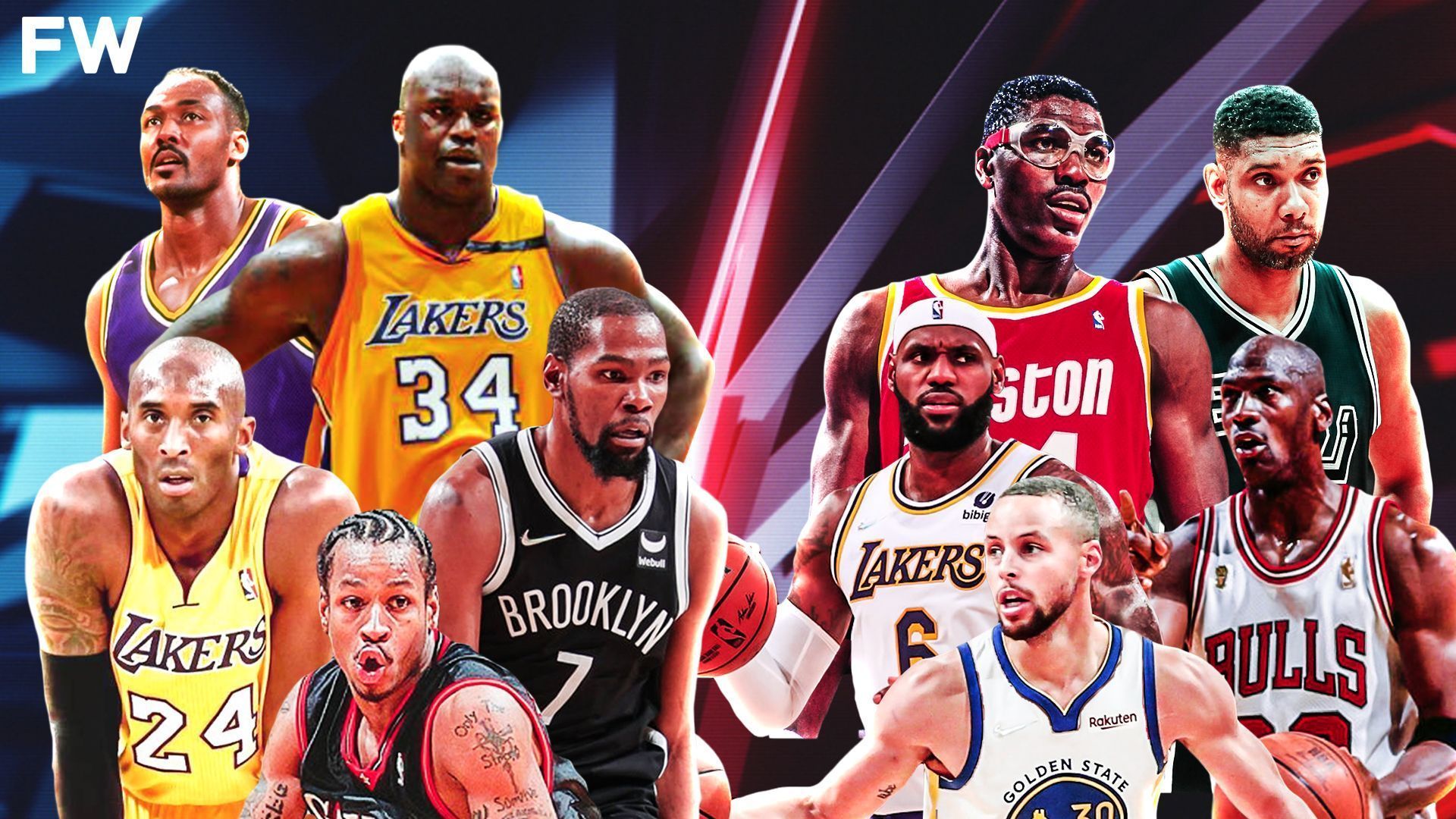 1920x1080 Fadeaway World on X: Team 1: Allen Iverson Kobe Bryant Kevin Durant Karl Malone Shaquille O'Neal Team 2: Steph Curry Michael Jordan LeBron James Tim Duncan Hakeem Olajuwon Who you got?