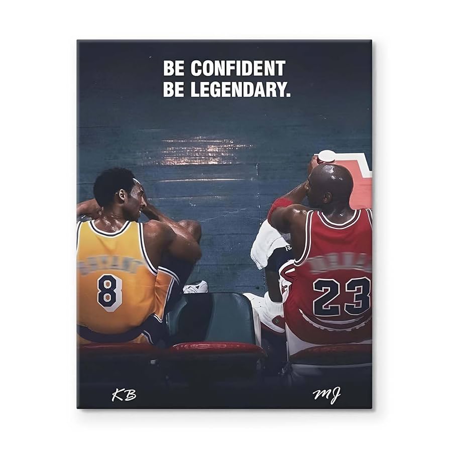 894x894 Kobe Bryant Canvas Wall Art Decor inch Lakers No. 8 and Michael Jordan No. 23 Bench Moment, Basketball Duo Poster, famous saying“Be Confident, Be Legendary” Sports Decor for Home
