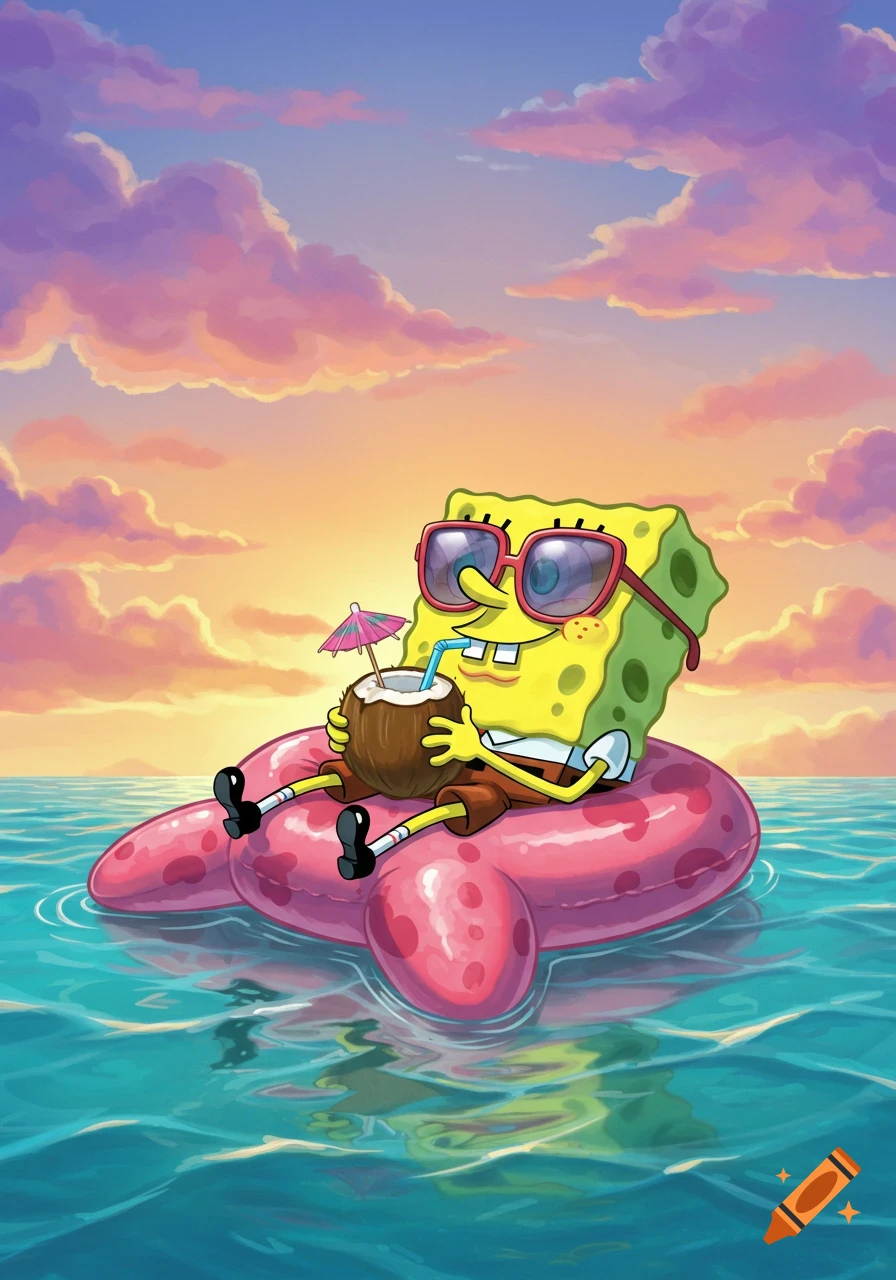 896x1280 Cartoon of Spongebob Squarepants Surfing a Wave Under a Sunny Sky created on Craiyon