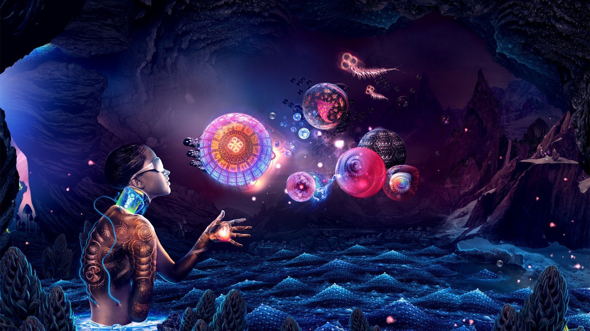 1920x1080 glowing, abstract, rock, cave, bubbles, nature, digital art, women, fantasy art, androids, sphere, psychedelic, hands, sunglasses, HD Wallpaper