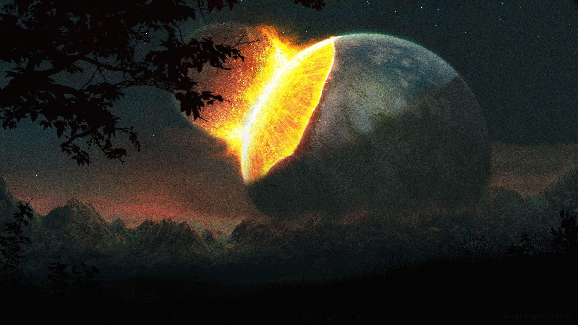 1920x1080 Moon Planet Alien Landscape Stars Collide HD wallpaper. creative