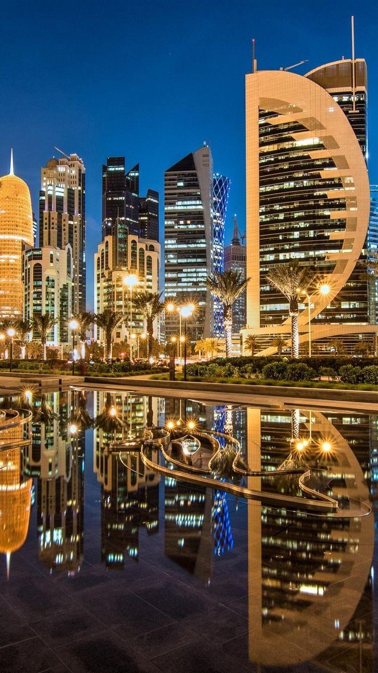 750x1334 Doha, Qatar, Sheraton Park, skyscrapers, city, nights, lights