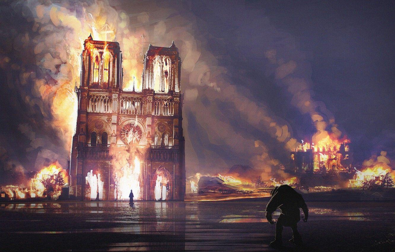1332x850 Wallpaper night, fire, France, Paris, Notre Dame Cathedral, Notre