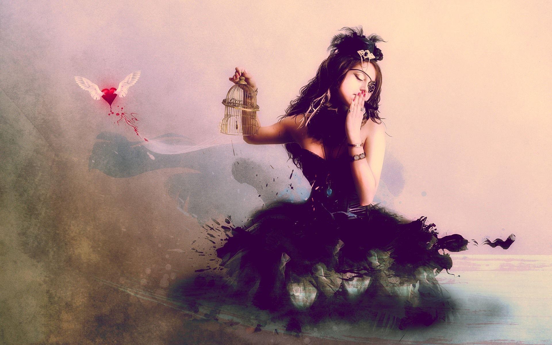 1920x1200 Wallpaper Creative picture, girl, love heart, wings, blood