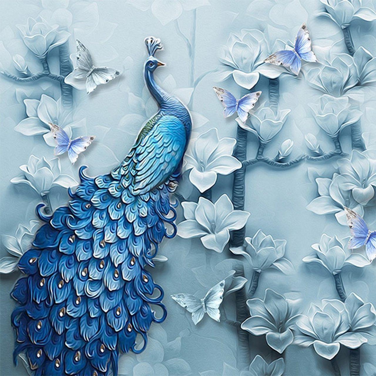 1280x1280 Chinese Style 3D Embossed Blue Peacock Oil Painting Mural