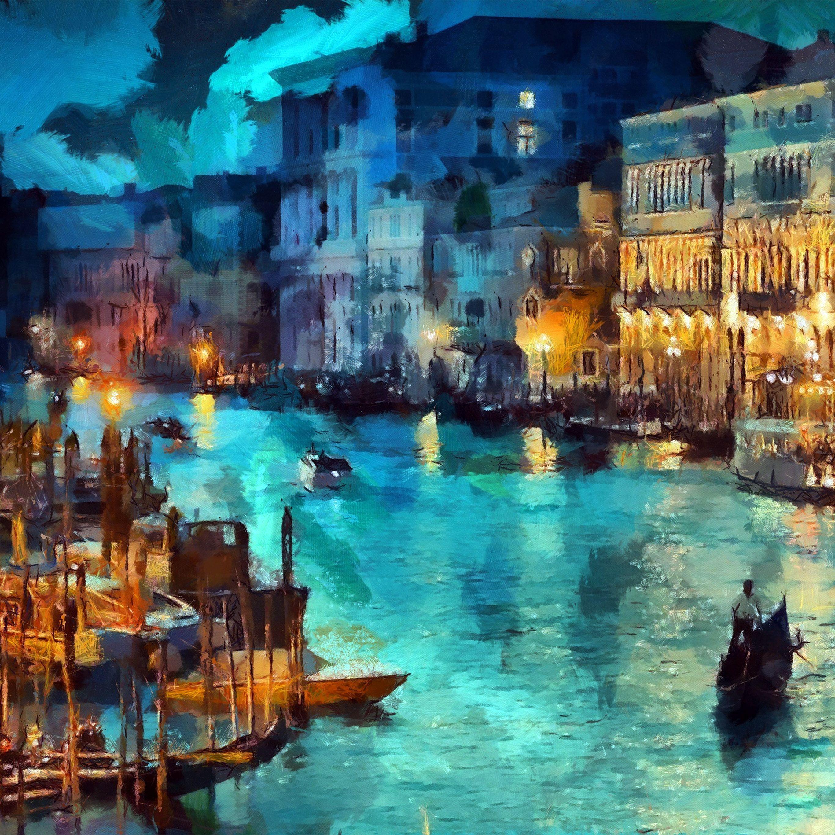 2732x2732 Art Classic Painting Water Lake Night Blue Wallpaper