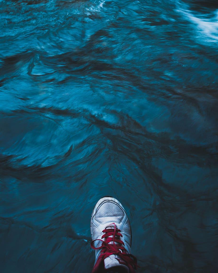 910x1137 HD wallpaper: water, river, feet, shoes, blue, aesthetic, one