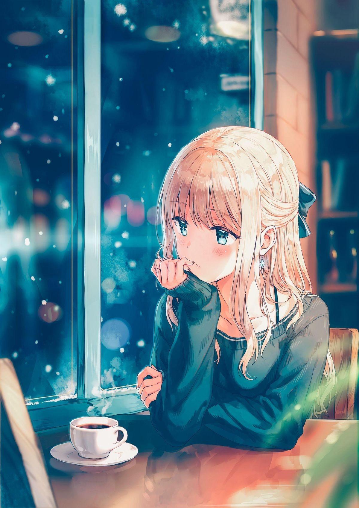 Cute Anime Girl Drinking Coffee gambar ke 1