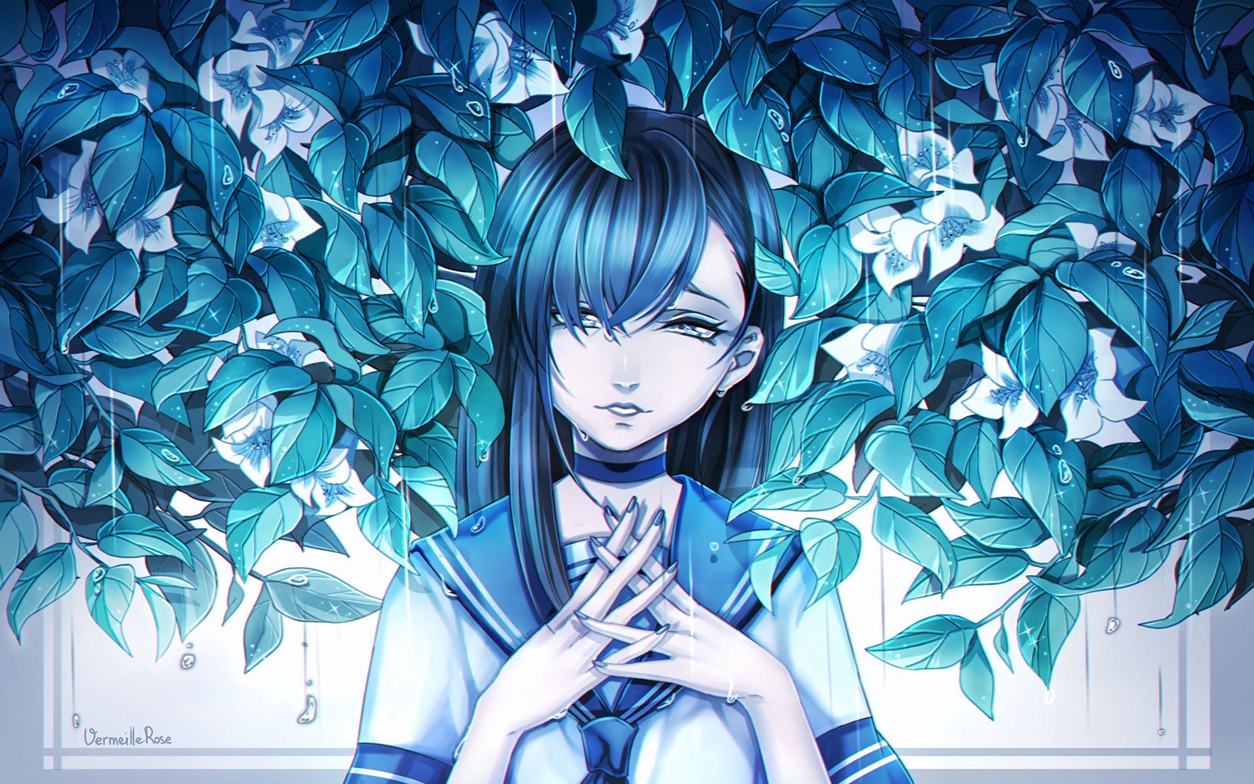 2560x1600 Download wallpaper 2560x1600 girl, anime, sadness, leaves, art