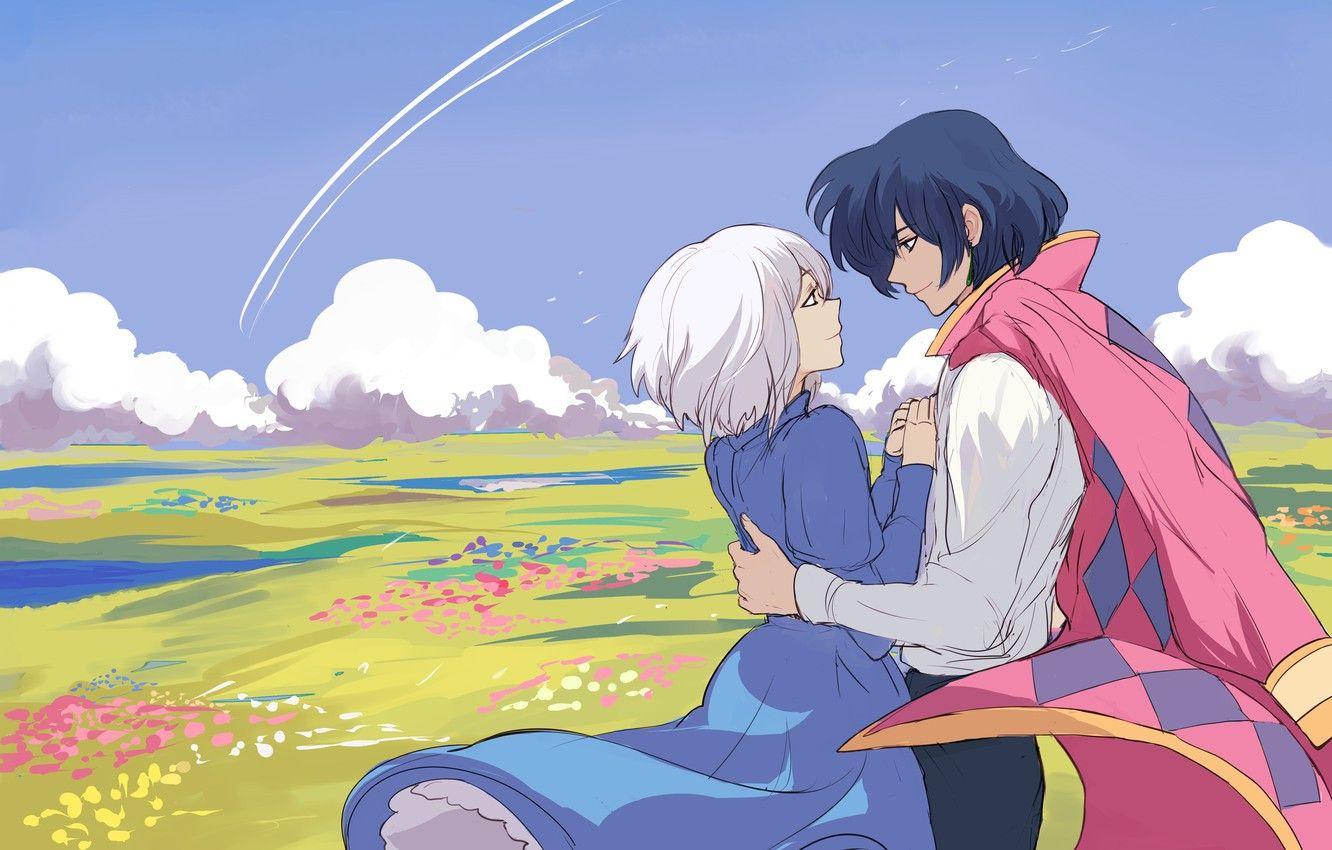 1332x850 Wallpaper field, girl, clouds, flowers, art, guy, Hayao Miyazaki