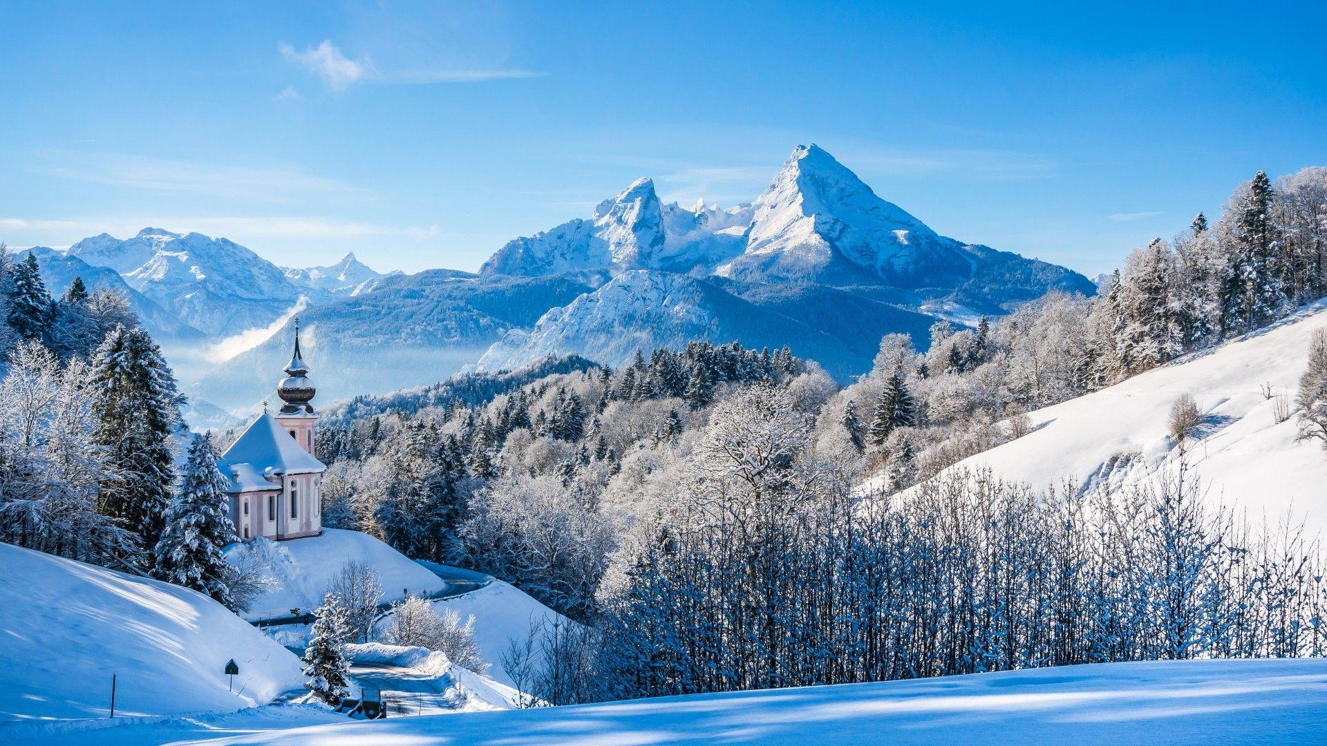1920x1080 Hình nền dãy Alps Bavarian, Phong cảnh mùa đông, Nhà thờ, nước Đức, độ phân giải cao, 8K