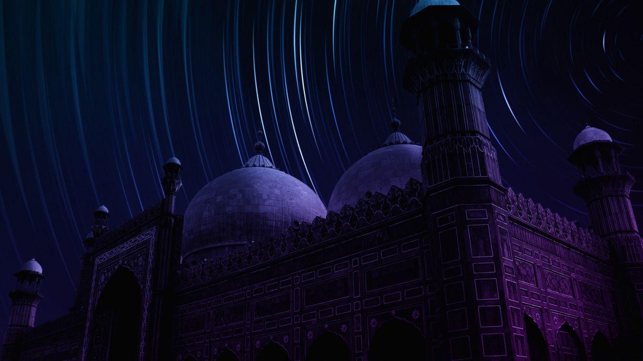 1280x720 Wallpaper Badshahi Mosque, Mughal architecture, Star trail, Purple