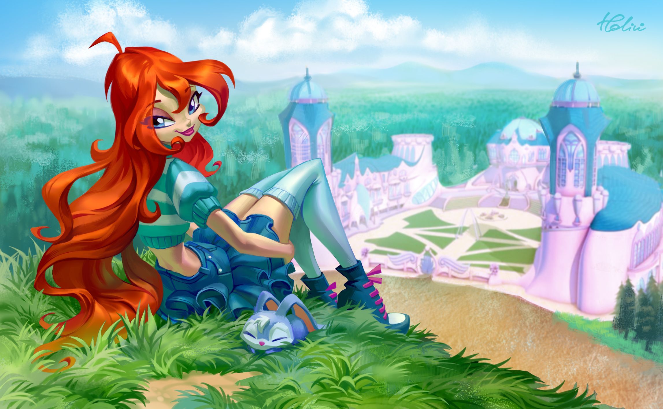 2294x1416 Winx Club HD Wallpaper: Bloom & Kiko with Flowing Red Hair and Stylish Skirt Viewx1416