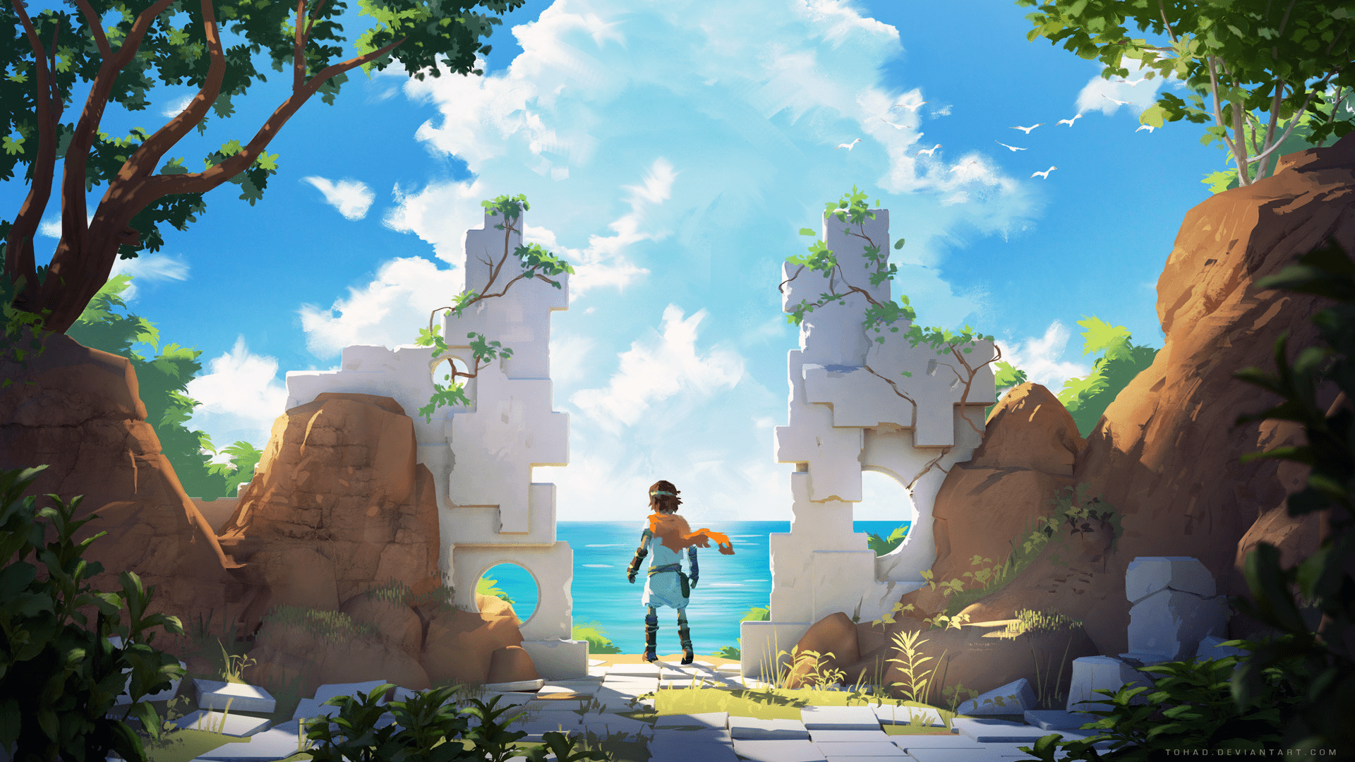 1920x1080 Rime, birds, sky, fantasy art, artwork, sea, ruins, clouds, digital art, video game art, Sylvain Sarrailh, standing, HD Wallpaper