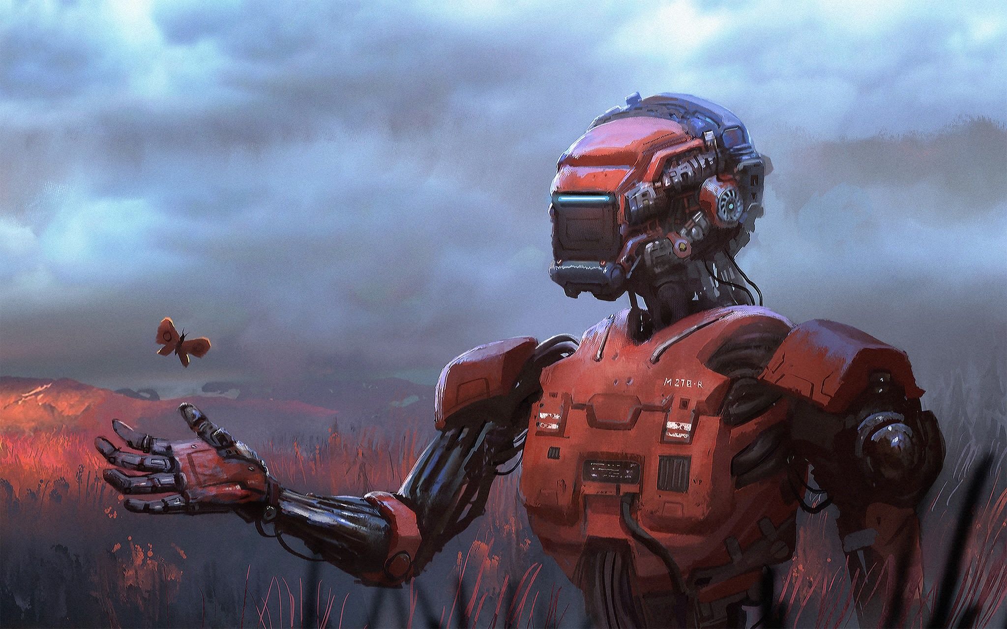 2048x1280 Wallpaper Fantasy, Robot, Field, Science Fiction, Butterfly, Sci Fi, Digital Art, Artwork For Mobile And Desktop, Section фантастика, Resolution 2048x1280
