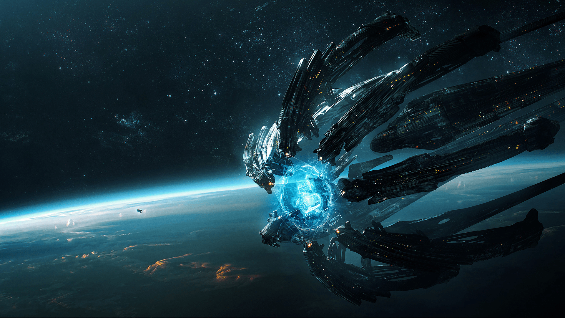 1920x1080 digital art, artwork, space, spaceship, stars, planet, science fiction, fantasy art, Wojtek Fus, cyan HD Wallpaper