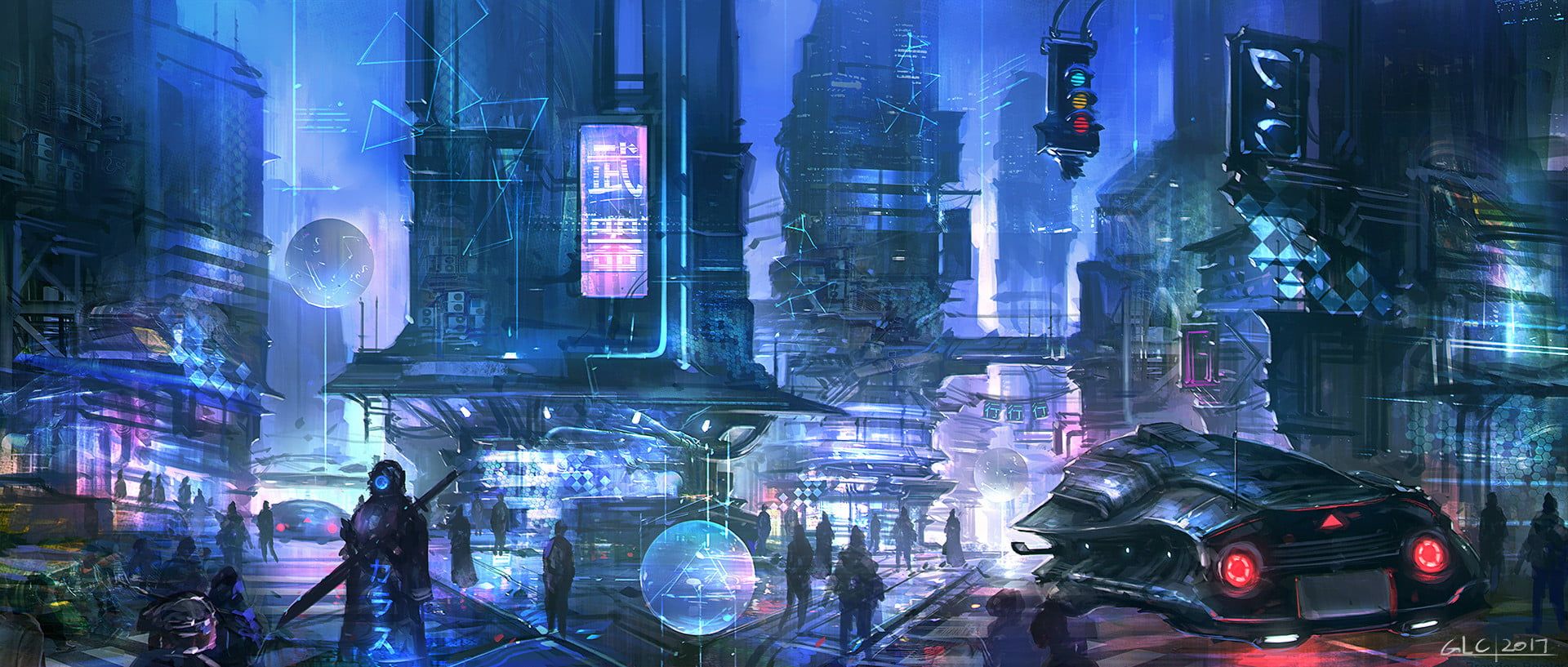 1920x817 Futuristic illustration, science fiction, cyberpunk, fantasy art, cyber HD wallpaper