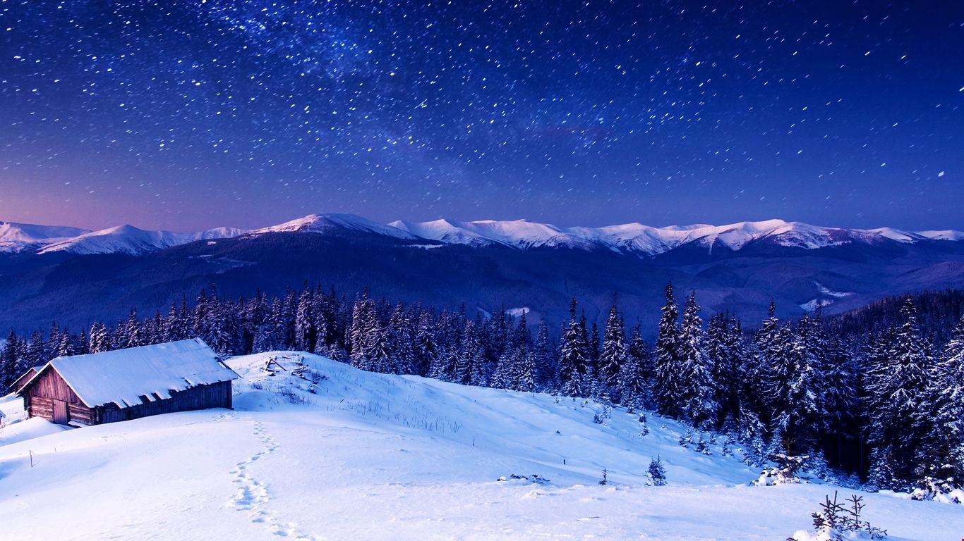 Núi 1366x768, 5k, hình nền 4k, 8k, đêm, sao, cây, bầu trời, tuyết