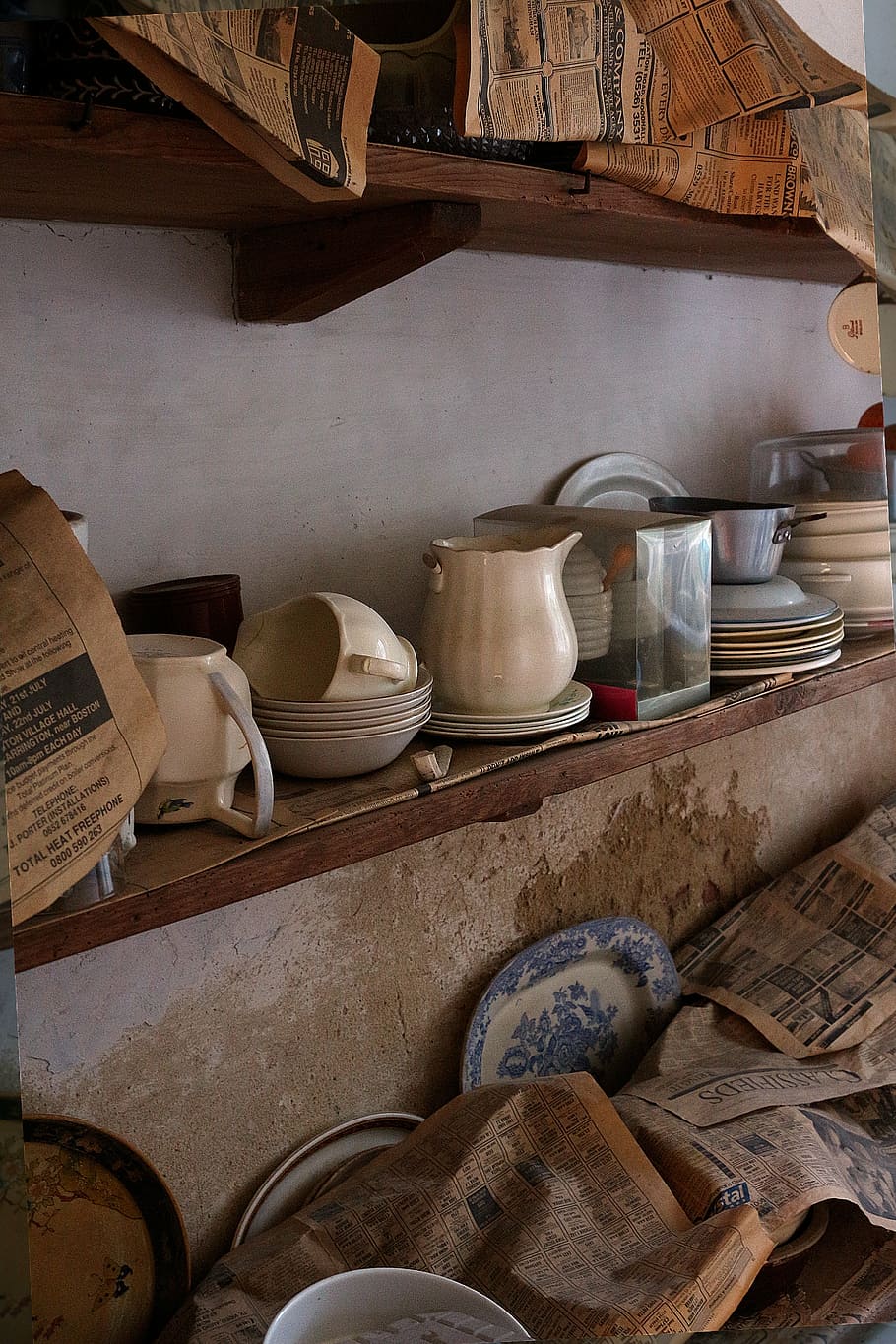 910x1365 HD wallpaper: shelf, old pots, vintage, retro, rustic, interior, rough, kitchen