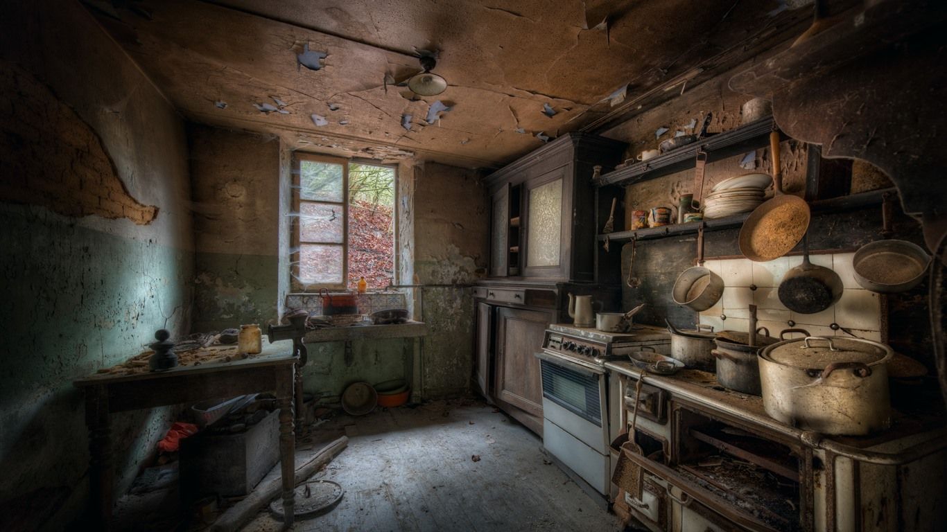 1366x768 Wallpaper Kitchen, dust, window, table, ruins 5120x2880 UHD 5K Picture, Image