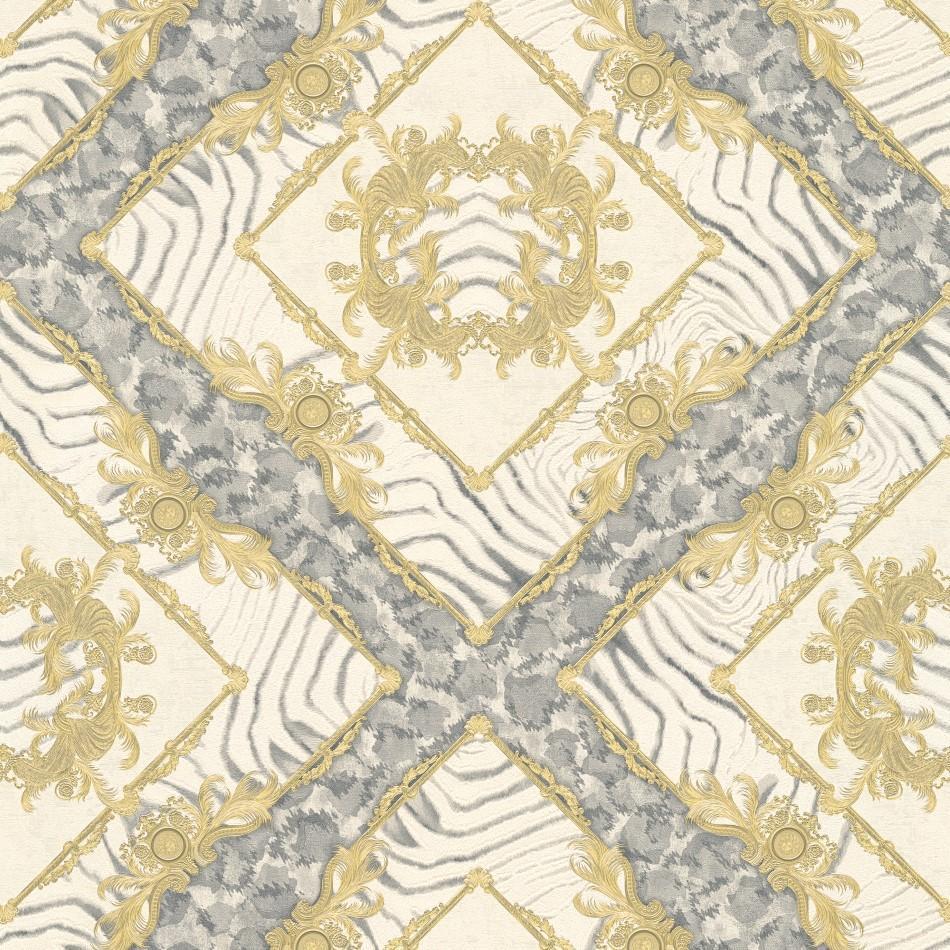 950x950 Versace Grey & Gold Abstract Damask Wallpaper