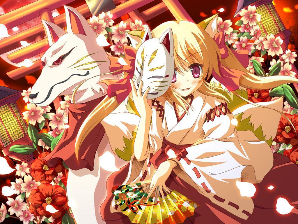 1024x768 Spirit Fox Anime Girl Hình nền