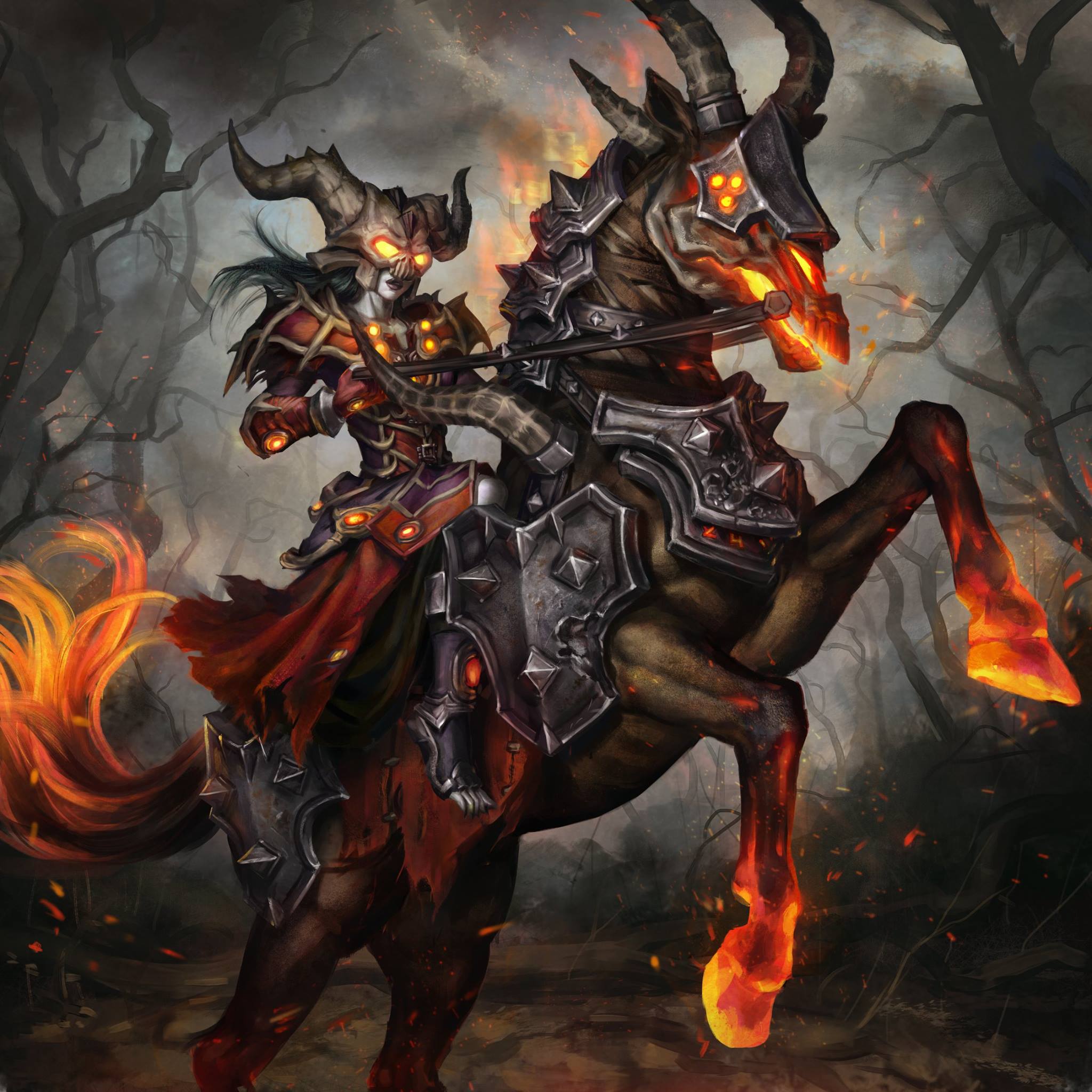 2048x2048 World of Warcraft, Undead, Warlock, Horse, Fire, World of Warcraft Legion Wallpaper HD / Desktop and Mobile Background