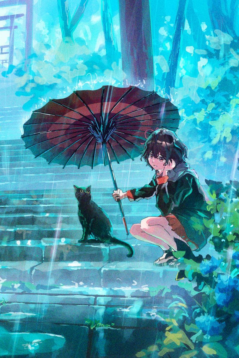 800x1200 Download Wallpaper 800x1200 Girl, Cat, Umbrella, Rain, Anime Iphone 4s 4 For Parallax HD Background