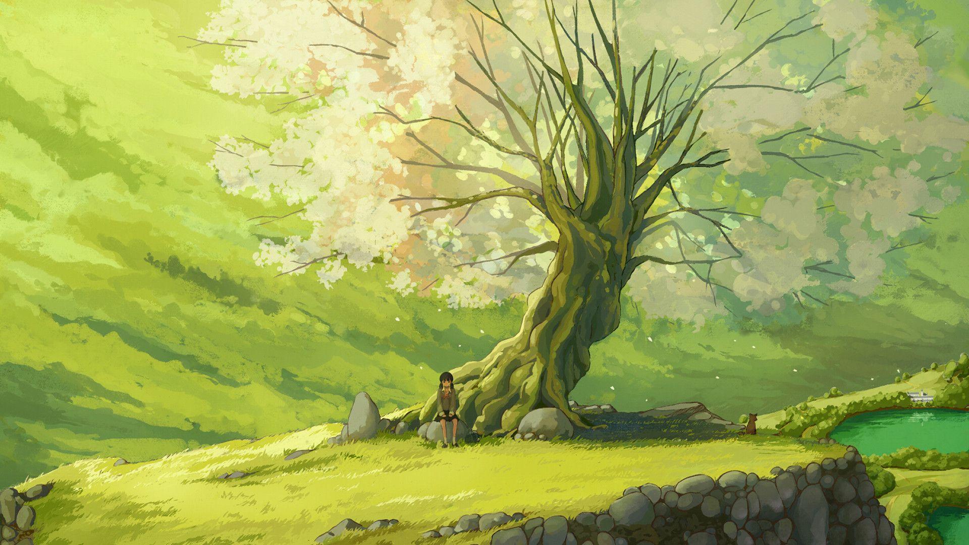 1920x1081 Girl Sitting By The Tree Wallpaperx1081