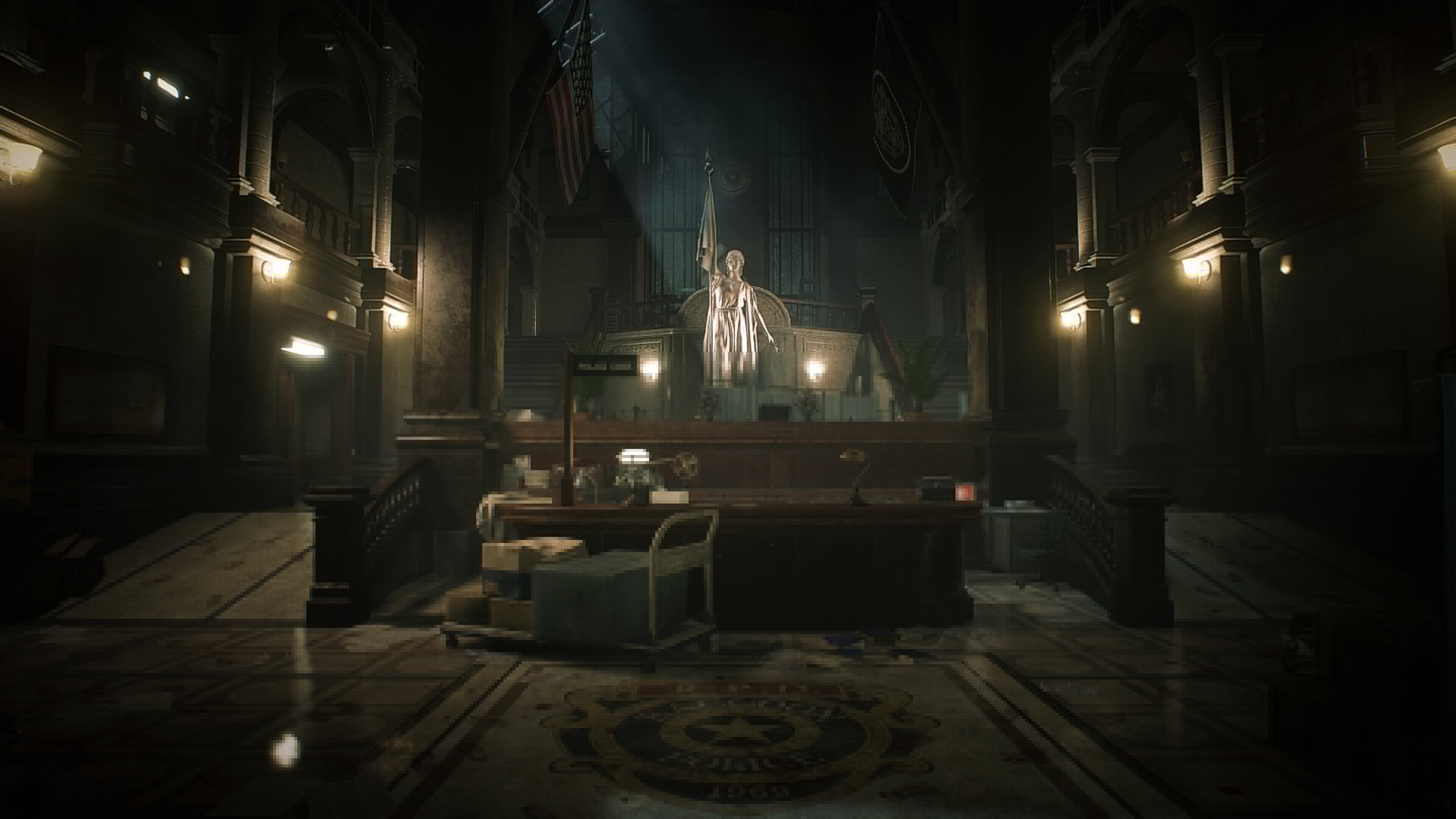 3840x2160 Wallpaper table, statue, lamps, police station, Resident Evil 2 Remake for mobile and desktop, section игры, resolution 3840x2160