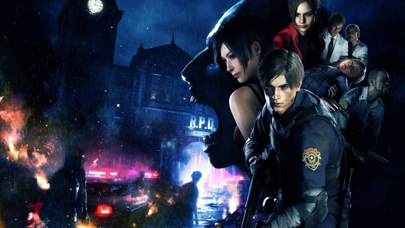 1366x768 Download Resident Evil 2 Remake Characters And Burning Rpd Wallpaper