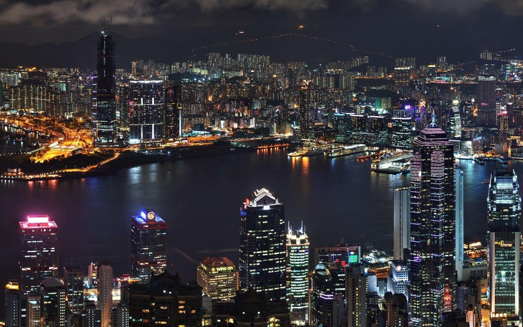 1680x1050 Asia Hong Kong Skyscrapers River Top View Night Lights Ultra