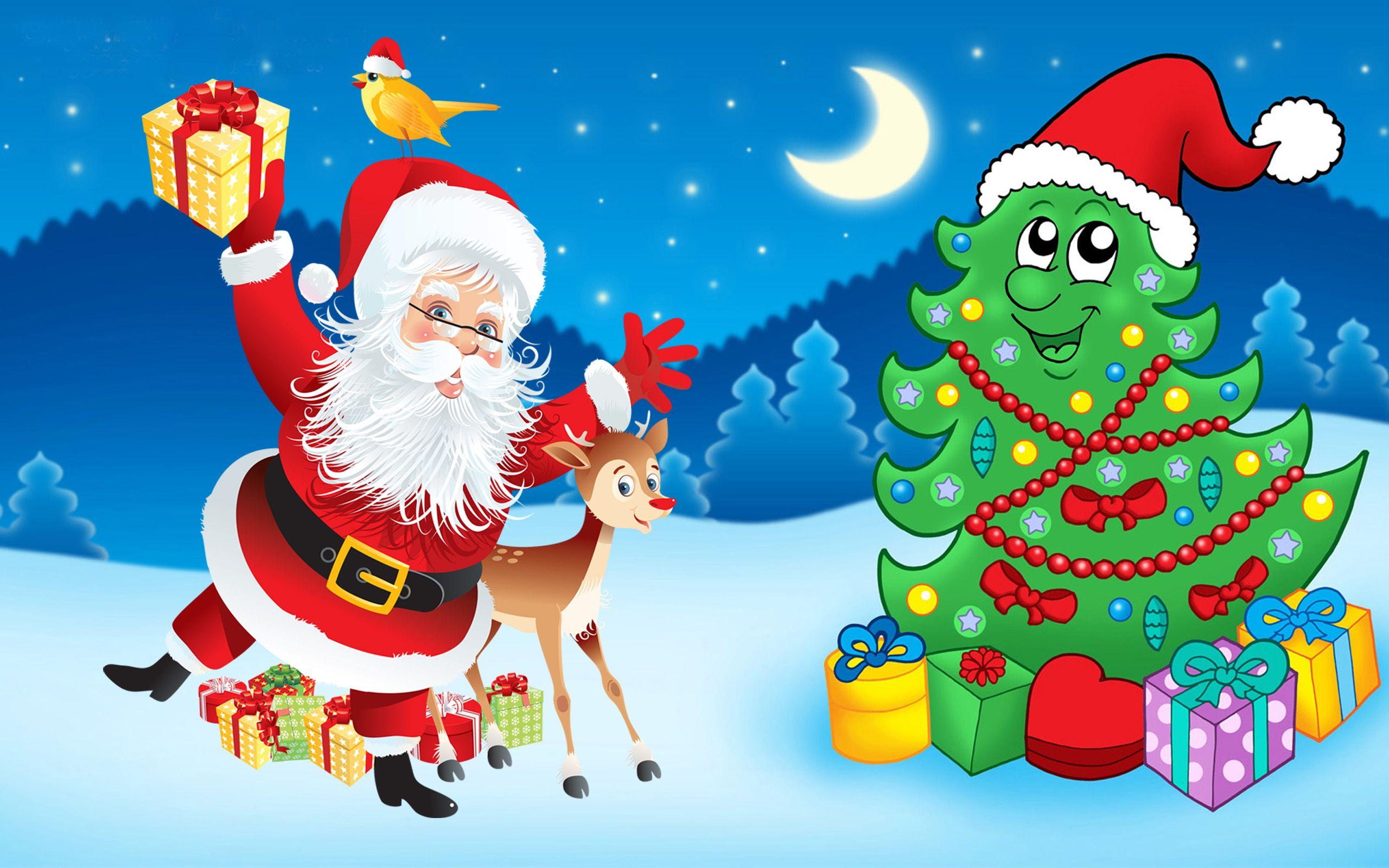 2560x1600 Santa Claus Christmas Tree Decorations Gifts Cartoon Christmas