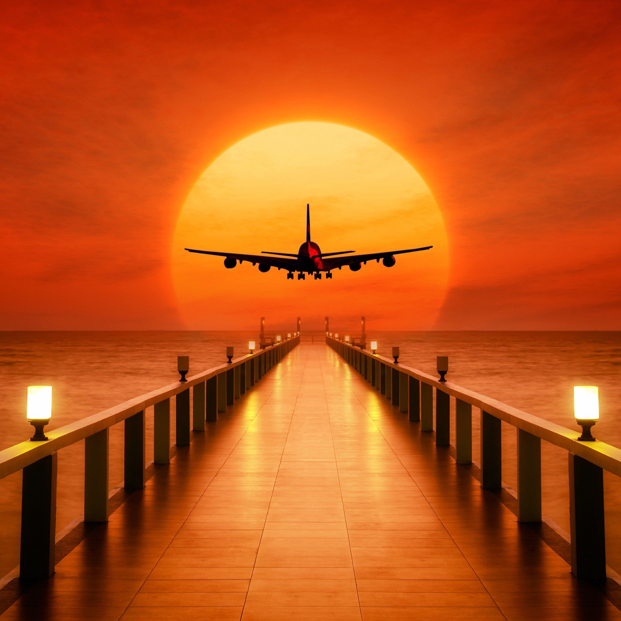 2560x2560 Airplane Sunset Takeoff Wallpaper