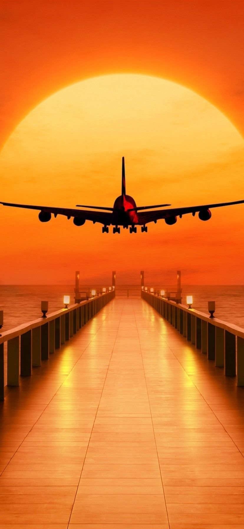 828x1792 Pier, Sea, Airplane Takeoff, Sunset 1080x1920 IPhone 8 7 6 6S Plus Wallpaper, Background, Picture, Image