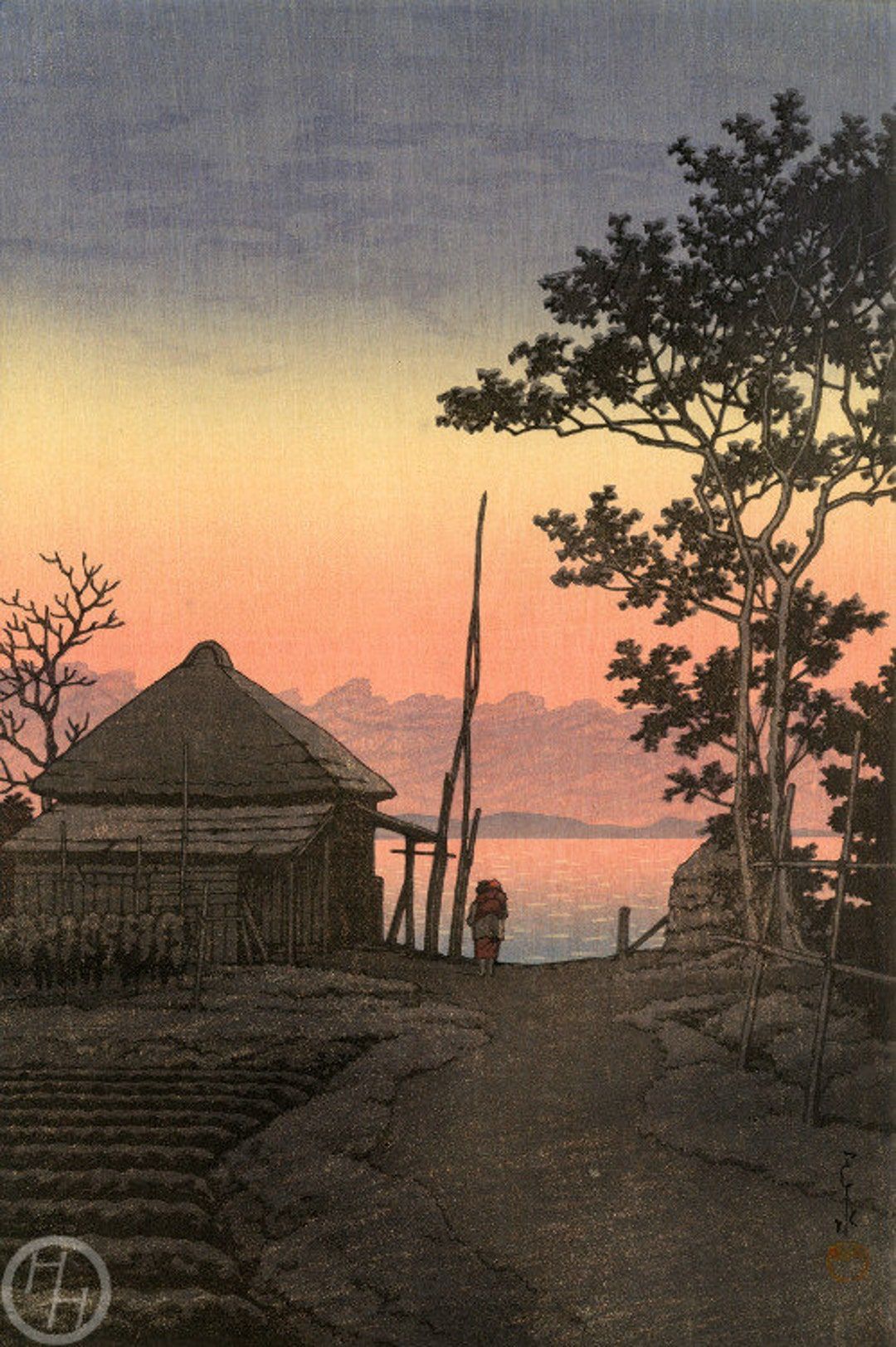 1080x1623 Buy Japanese Art Print dusk at Asao by Kawase Hasui, Woodblock, Giclée, Print, Asian Art, Autumn, Evening, Village, Lake, Sunset Online in India