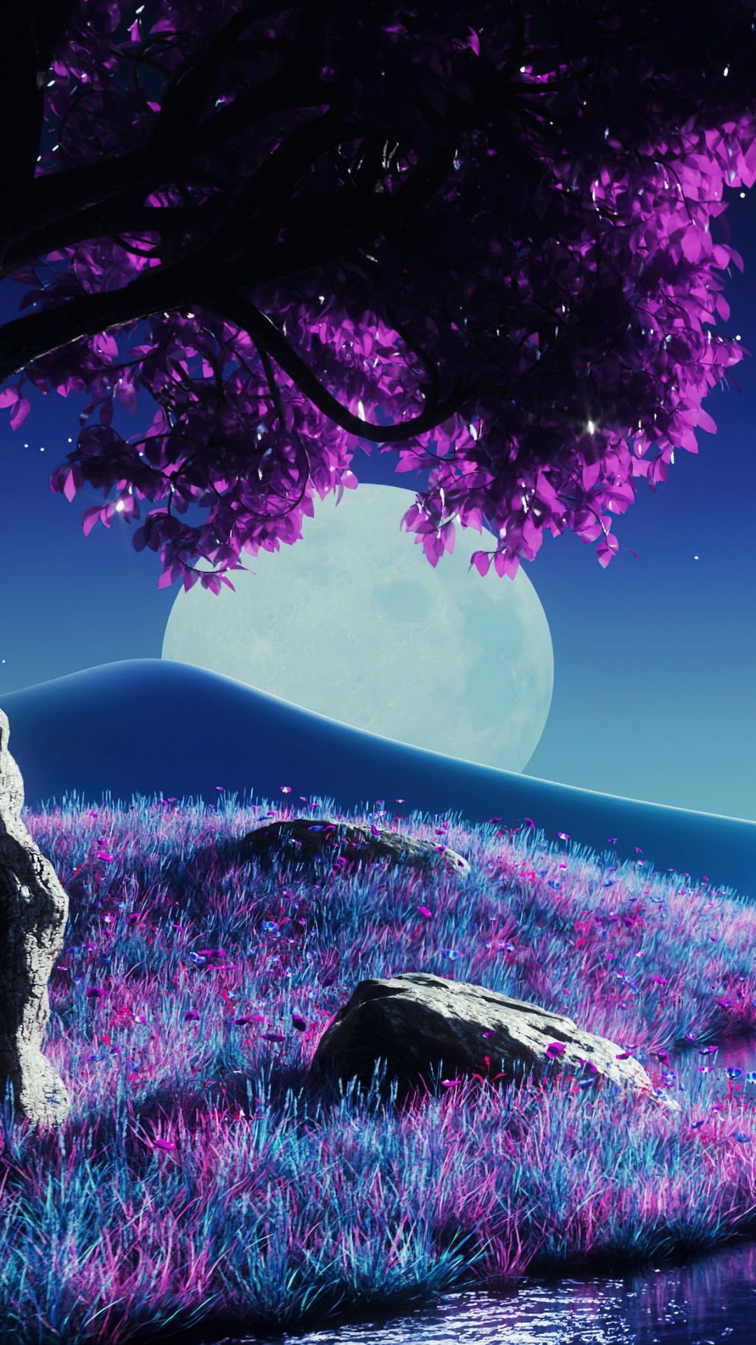 1080x1920 Purple aesthetic Wallpaper 4K, Landscape, Moonlight, Nightscape