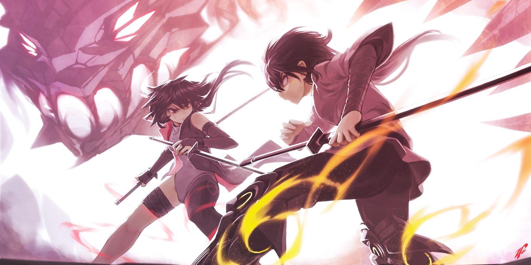 1800x900 Download 1800x900 Anime Battle, Katana, Fighting, Dragon, Fire