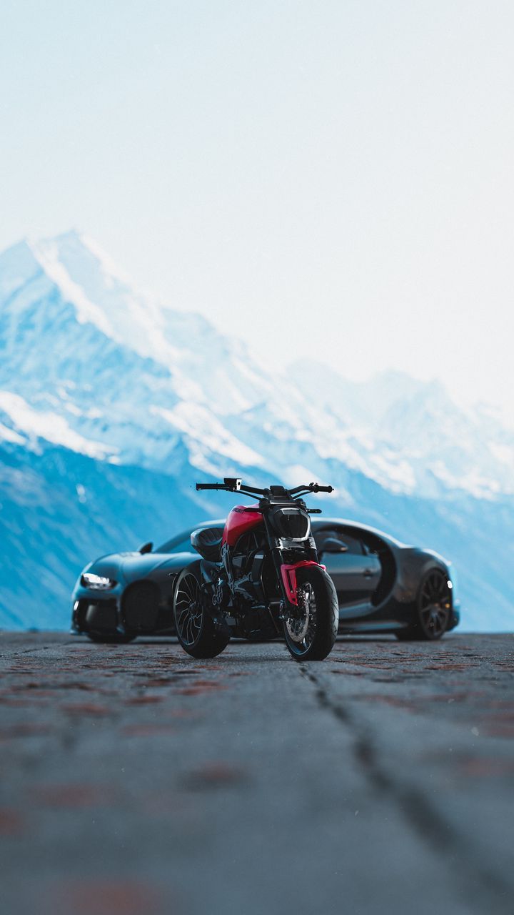 720x1280 free wallpaper 4K motorcycle, bike, car, mountains for mobile and desktop