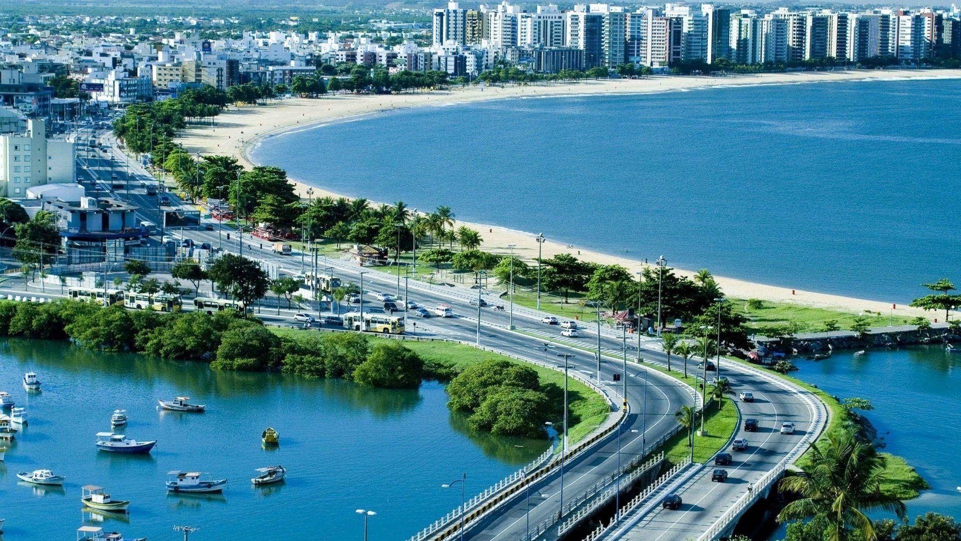 1920x1080 Beach: Fantastic City Beach Santos Brazil Highway Bay Boats Vitoria