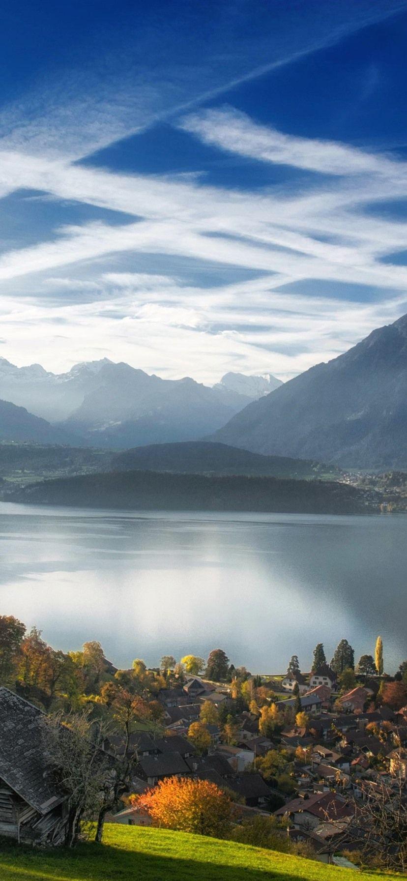 828x1792 Wallpaper Switzerland, Interlaken, Lake Thun, city, mountains