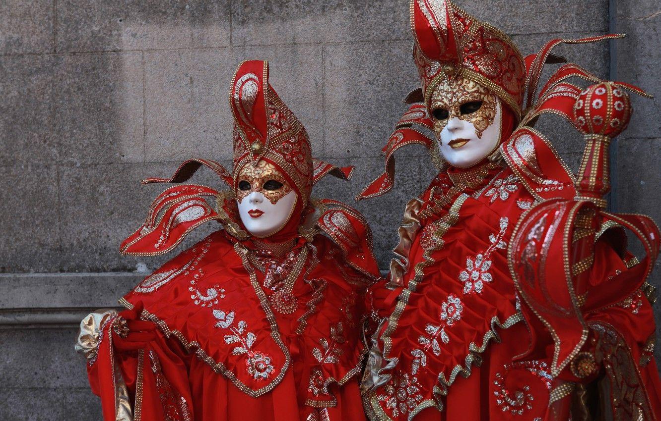 1332x850 Wallpaper red, mask, pair, costume, Venice, carnival image