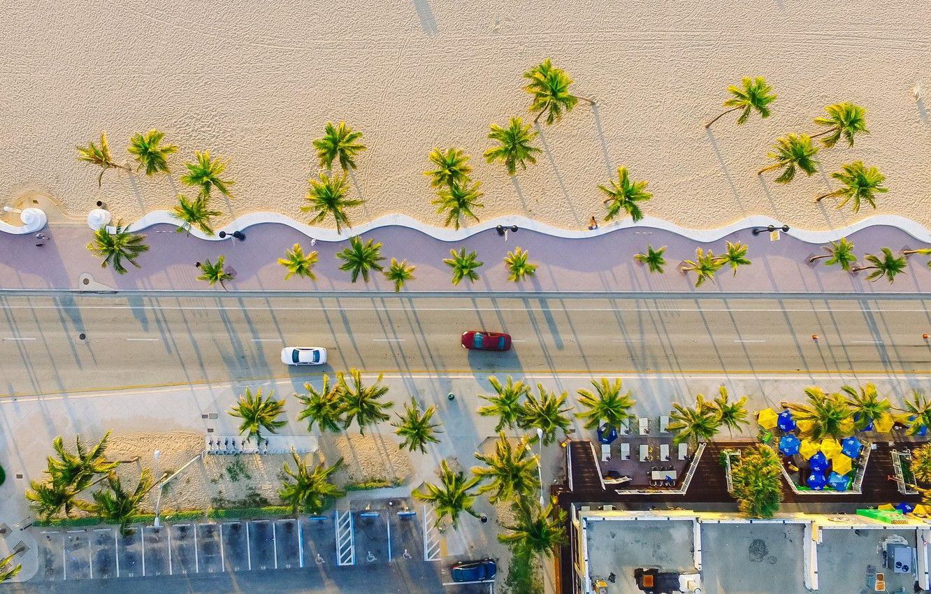 1332x850 Wallpaper road, sand, beach, palm trees, coast, FL, resort